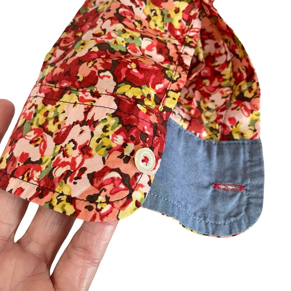Talbots Red Floral Button Up Shirt Size 12p Roll Tab Sleeves Classic Work Wear - Picture 7 of 11